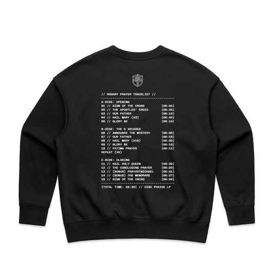 Black sweatshirt with white text on the back on a white background